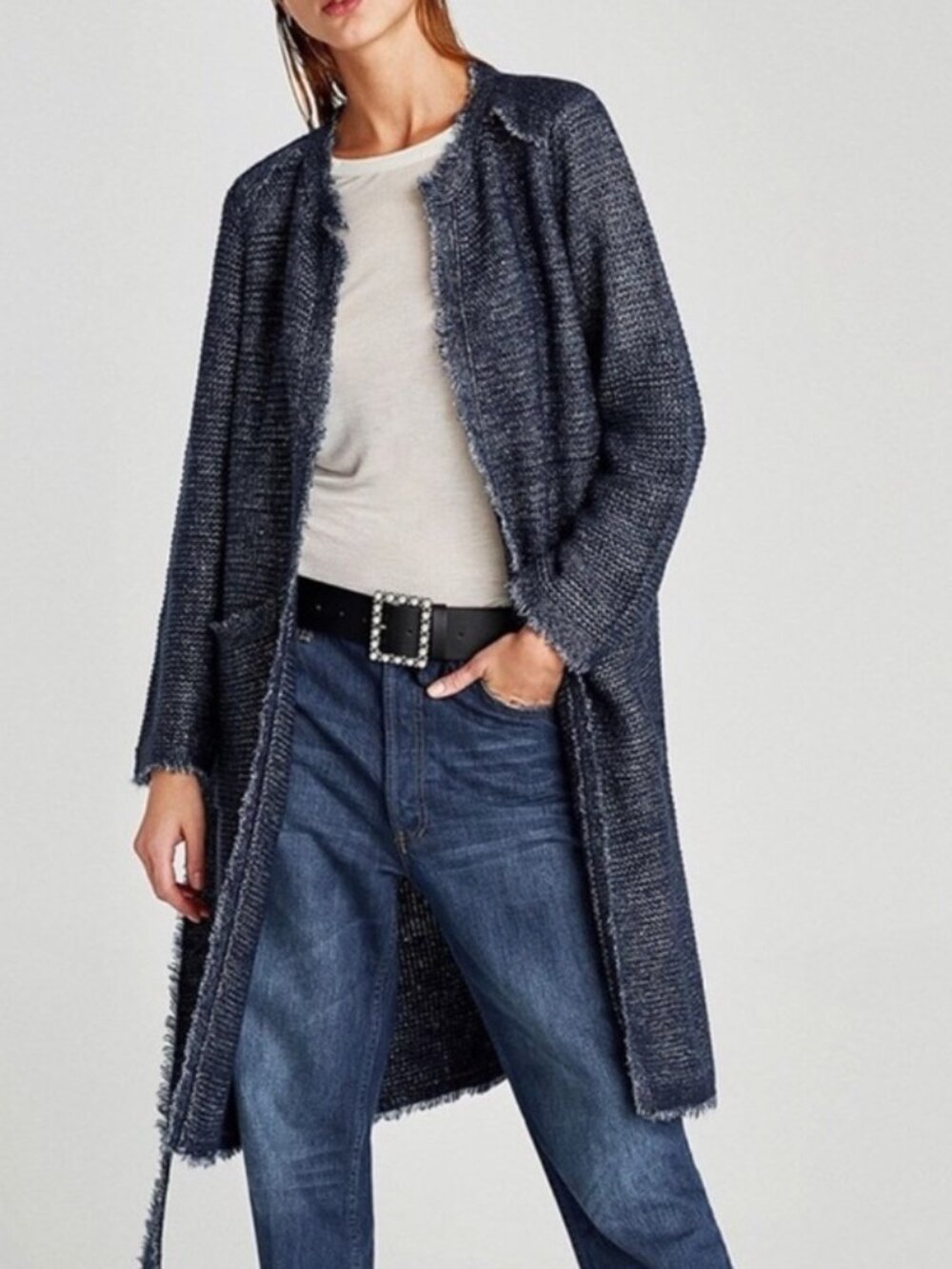 ZARA Woven Blue Belted Duster/Wrap Coat with Silver Metallic Thread S